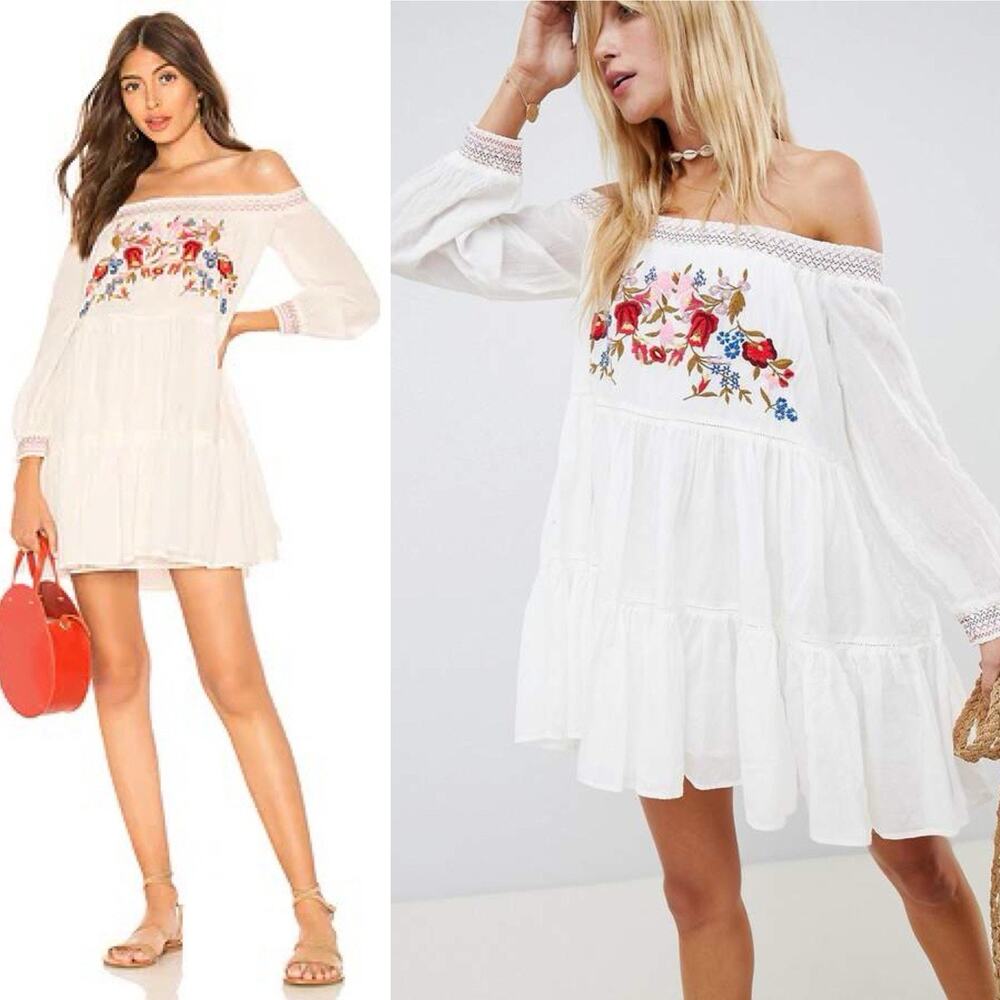 Free People Off Shoulder Mini‎ Dress XS Womens Floral Embroidered Boho Oversized